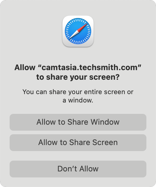 Safari screen sharing permissions dialog