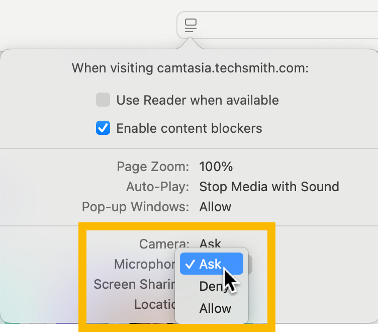 Camtasia online Safari website settings
