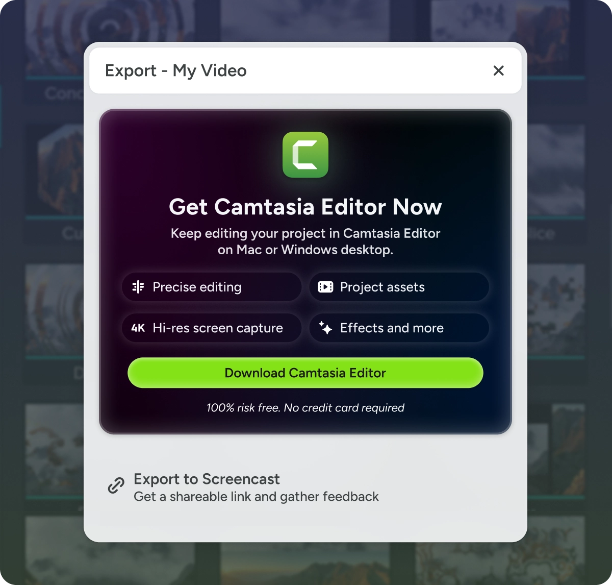 Screenshot of Export options in Camtasia online