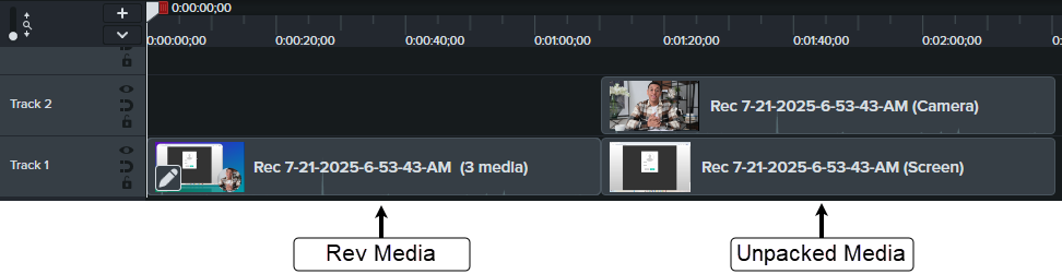 Rev media and unpacked media on the timeline