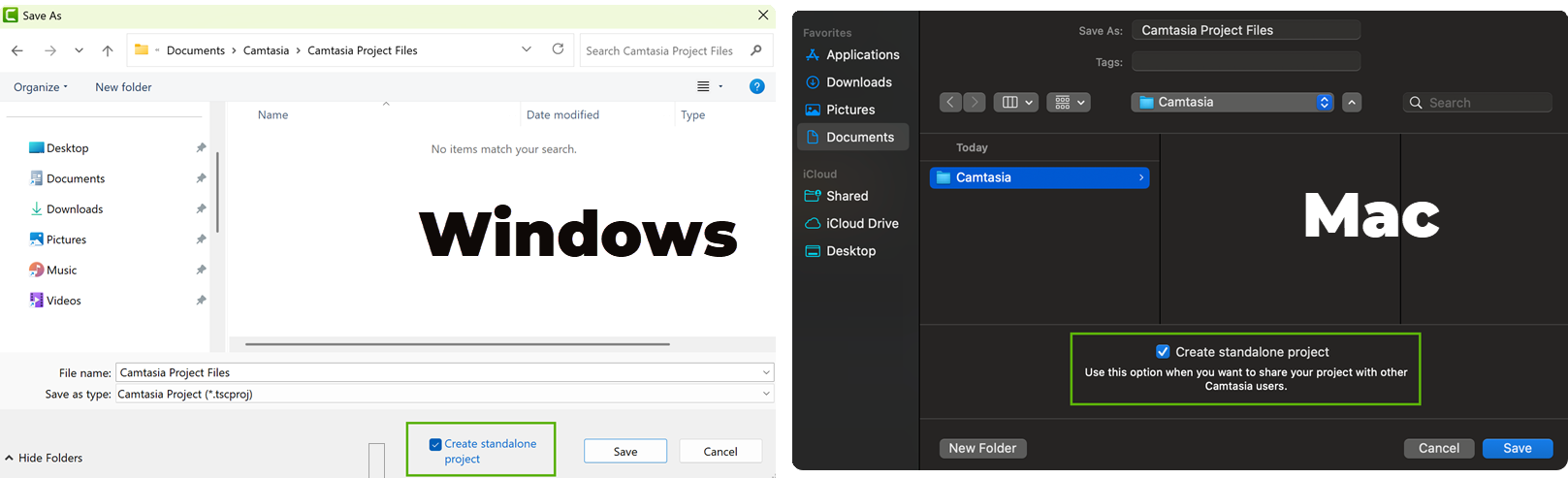 Create a standalone project option in Save dialog