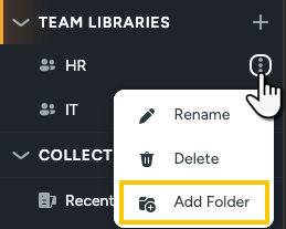 Add Folder option highlighted in the Team Library options menu