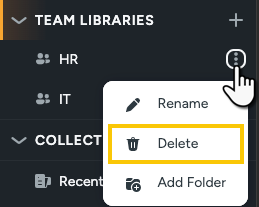 Delete option highlighted in the Team Library options menu