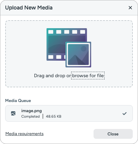 Upload New Media dialog with one file successfully uploaded