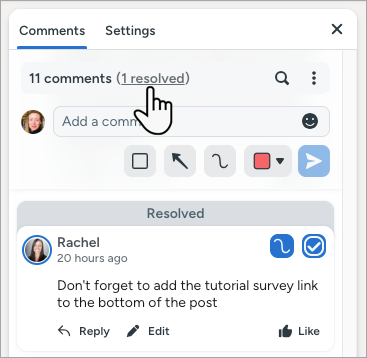 Click the number resolved in the Comments pane to show resolved comments