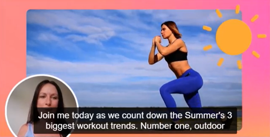 The closed captions are displayed at the bottom of the screen. They read "Trends. Number one, outdoor." The speaker is shown on the screen over an image of a woman doing yoga.