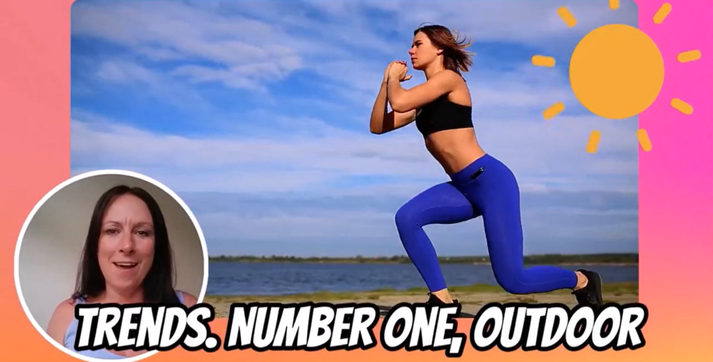 The dynamic captions are stylized. They read "Trends. Number one, outdoor." The speaker is shown on the screen over an image of a woman doing yoga.
