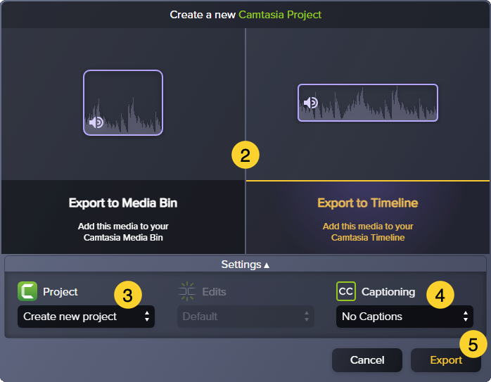 Boîte de dialogue pour exporter dans Camtasia Editor