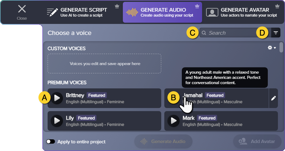 Generate Audio tab with labels