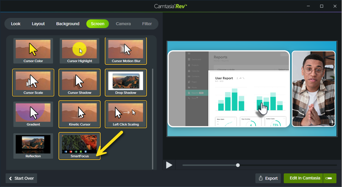SmartFocus effect in Camtasia Rev