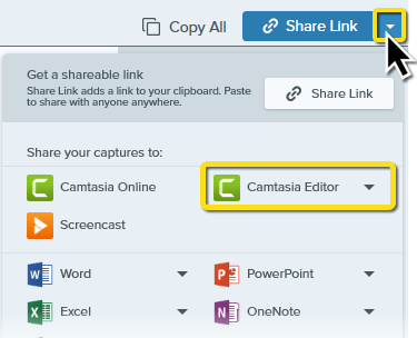 Camtasia Editor in the Snagit Share menu