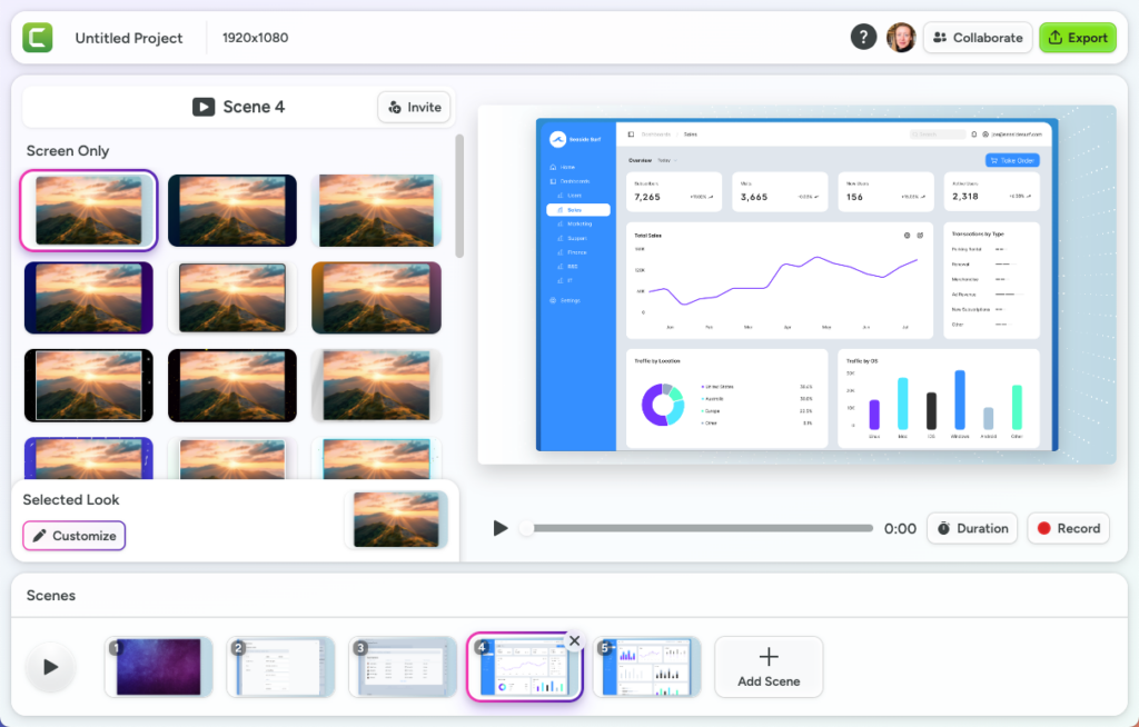 Example of Camtasia online project with 5 scenes