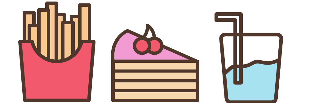 A bag of french fries, a piece of cherry cake, and a glass of water side-by-side in a cartoonish icon style.