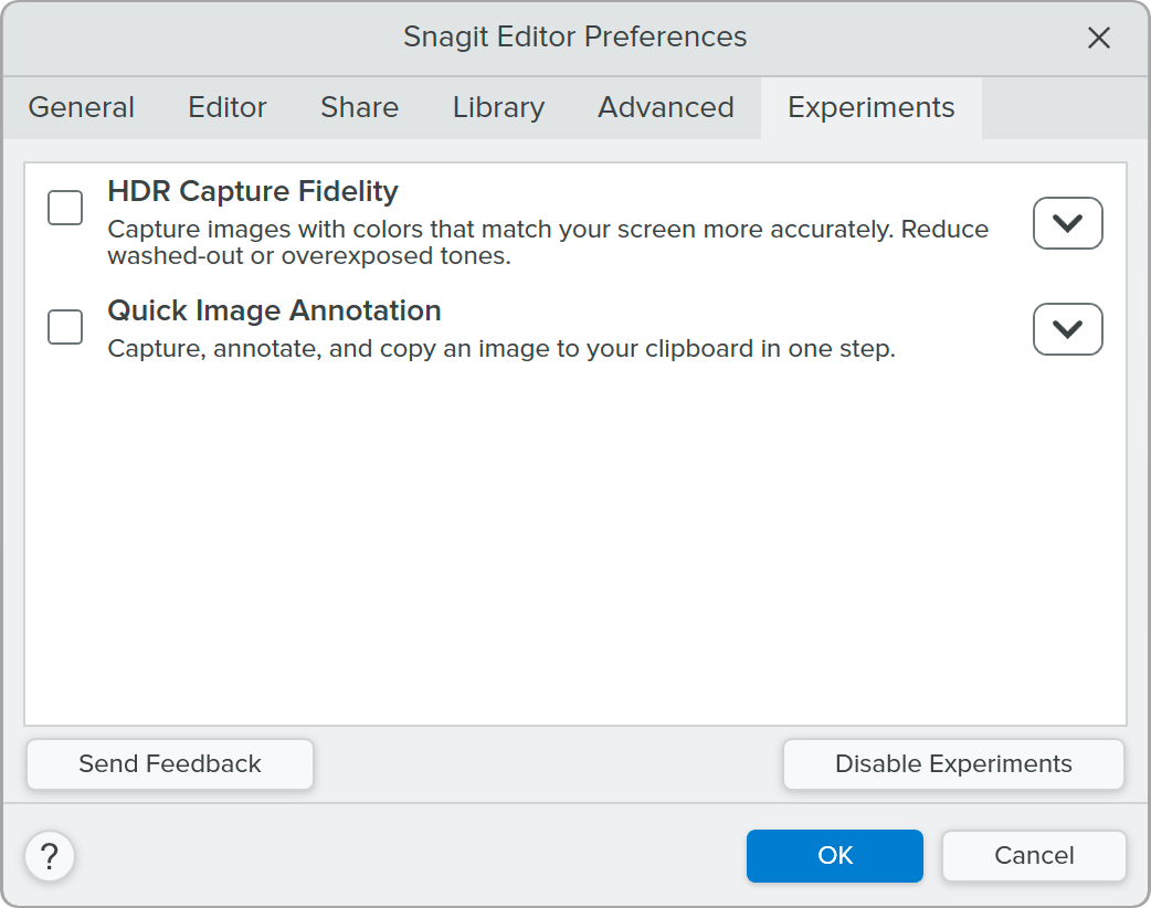 Experiments tab in Editor Preferences