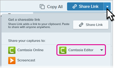 Camtasia Editor in the Share menu