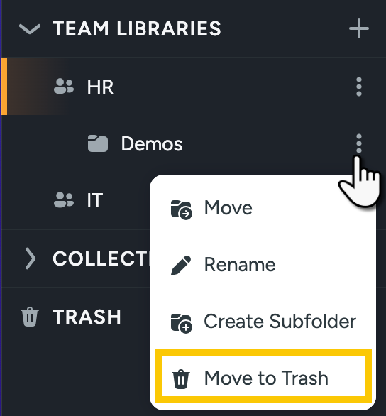 Move to Trash option highlighted in the Folder options