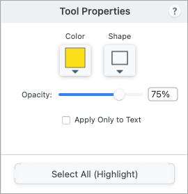 Highlighter tool properties on Mac