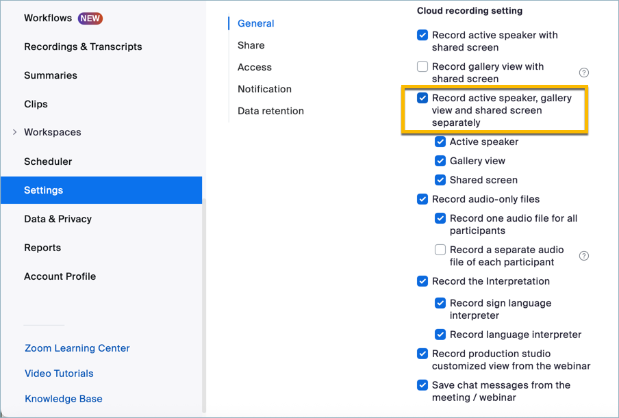 Record active speaker, gallery view and shared screen separately option selected in Zoom settings
