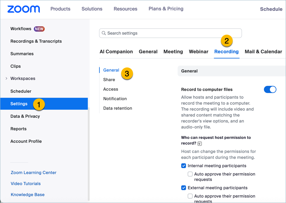 Zoom Settings and Recording and General tabs selected