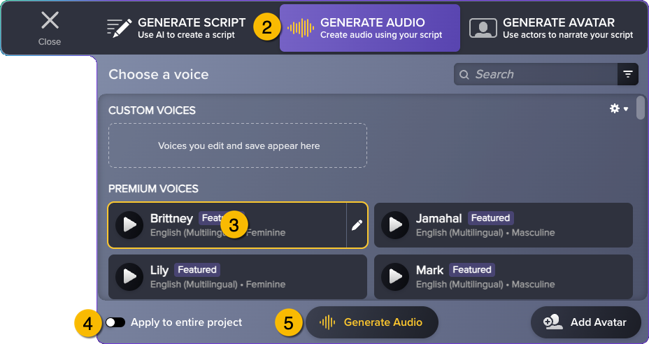 Fenster „Generate Audio“ mit Beschriftungen