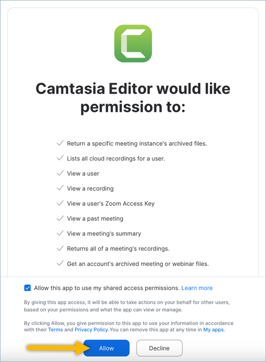 Zoom integration permission dialog