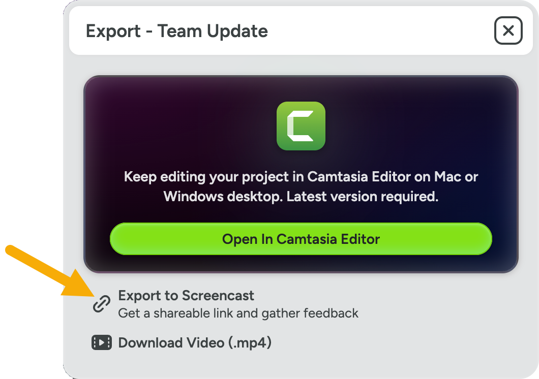 Export dialog in Camtasia Online