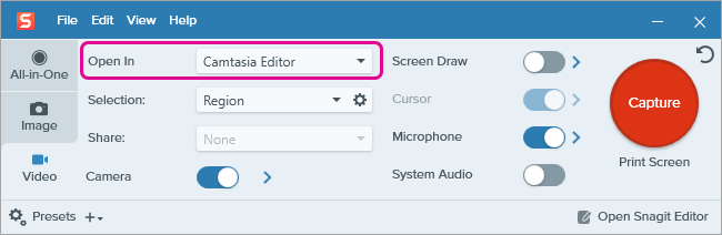 Video capture window with Open In Camtasia Editor option