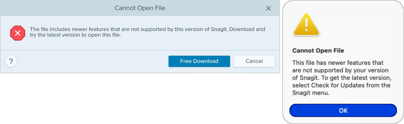 Error messages that Snagit cannot open a Step Capture file