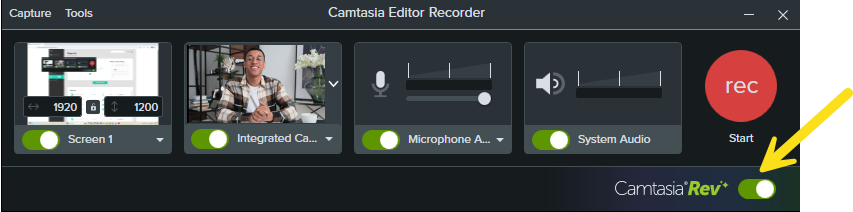Opción de activación/desactivación de Camtasia Rev en la grabadora