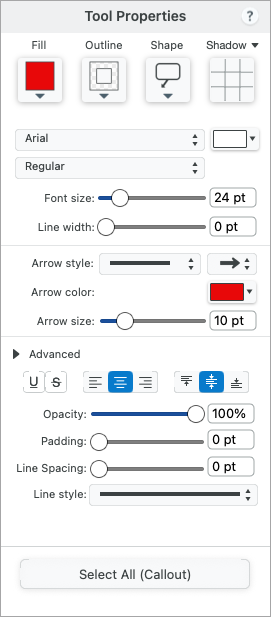 Callout tool properties on Mac
