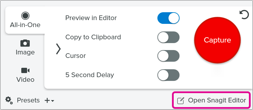 Open Editor button in the Capture window