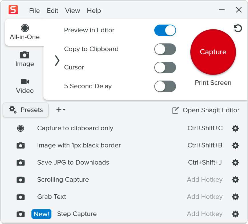Capture window showing example presets and custom hotkeys