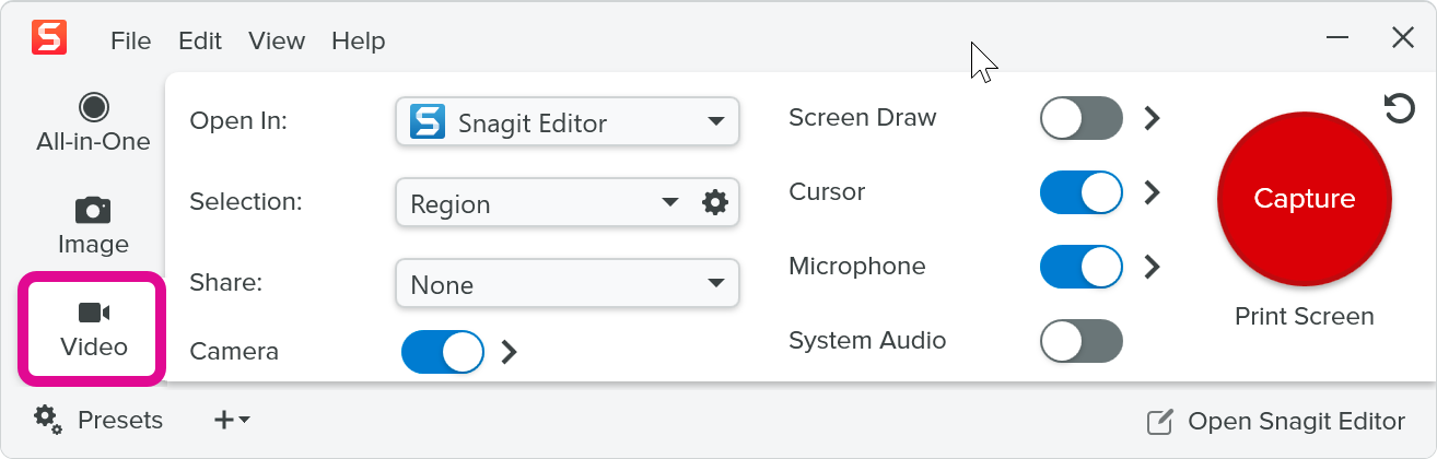 Video tab on the Capture window