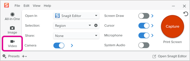 Video tab in the Capture Window