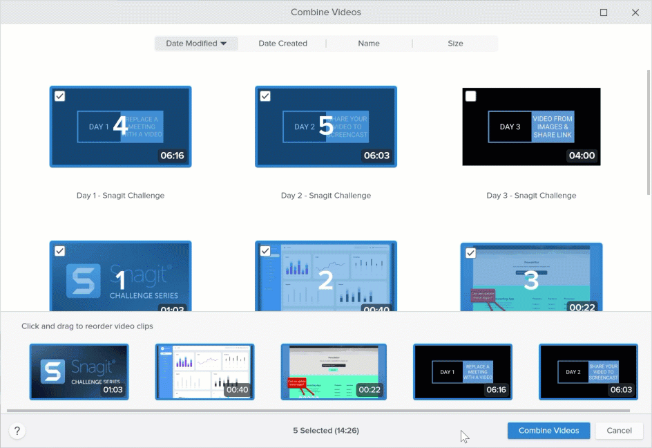 Drag videos in tray to reorder
