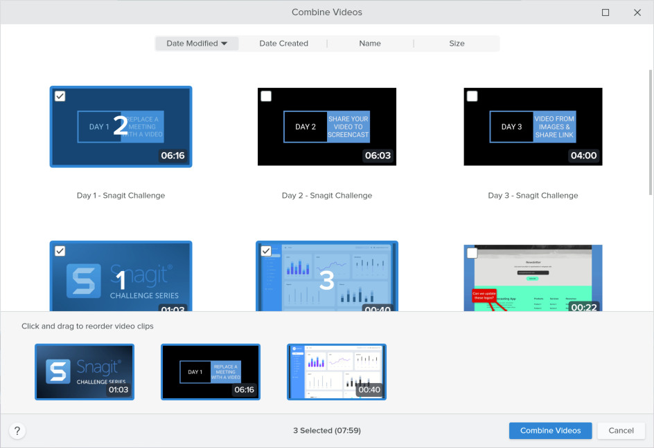 Combine Videos example with three videos selected