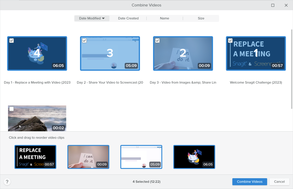 Combine Videos window with four videos selected