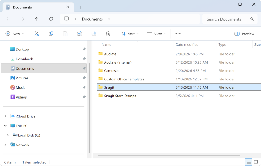 Find the Snagit folder in Windows File Explorer
