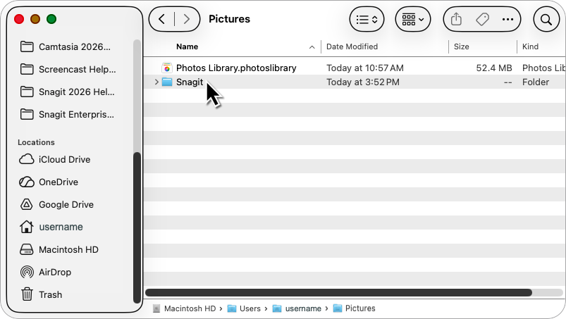Snagit folder in Mac Finder app