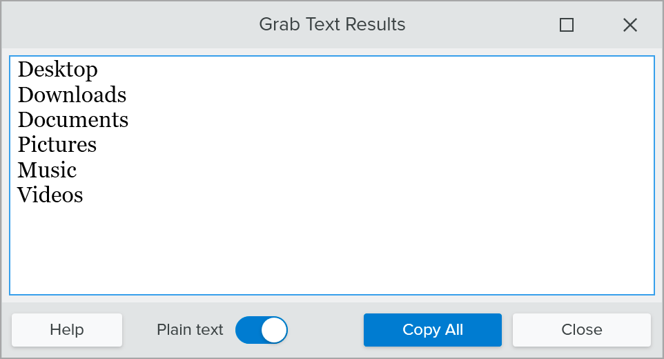 Grab Text Results dialog