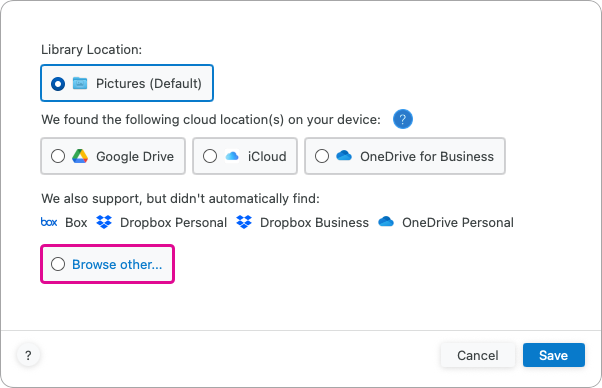 Browse other link in the Choose Location dialog