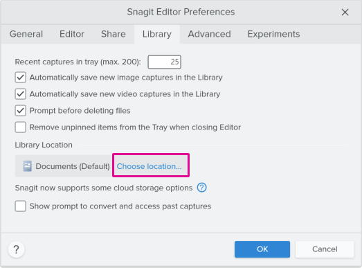 View library filepath in Snagit Editor Preferences