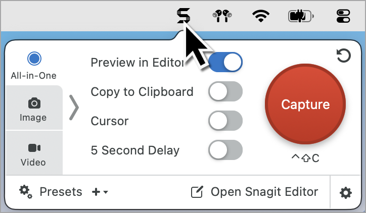 Snagit Capture window for Mac
