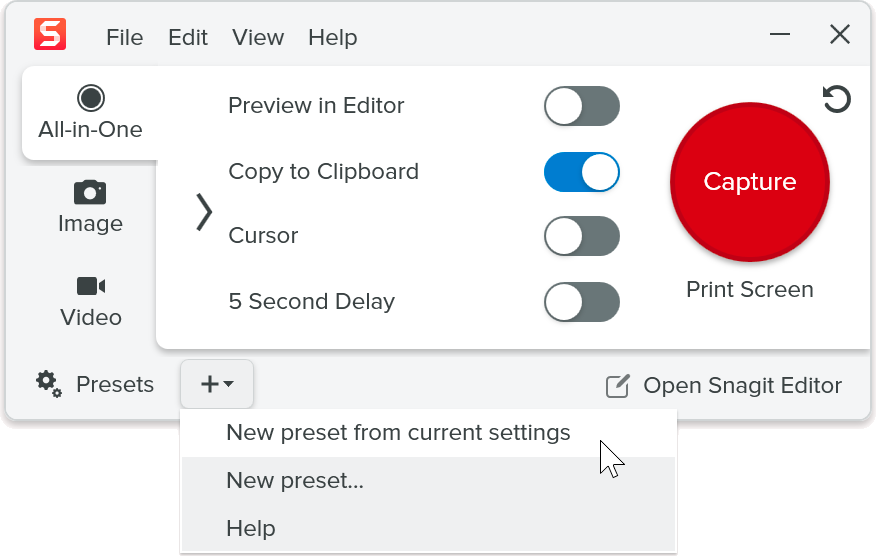 New preset from current settings option in the Add Preset dropdown