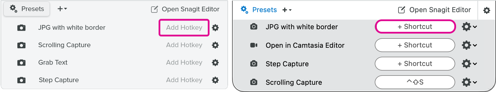 Add Hotkey (Windows) or Shortcut (Mac) in the Presets dropdown