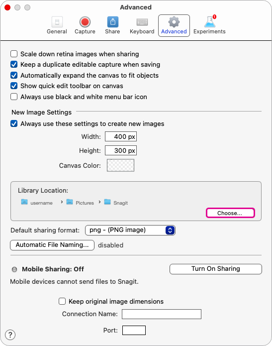 Choose button in Snagit Mac Preferences