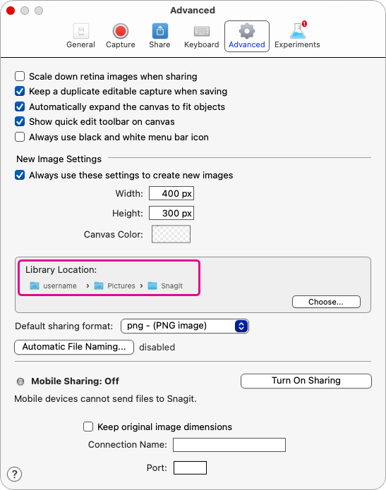 Library Location shown in Snagit Mac Preferences