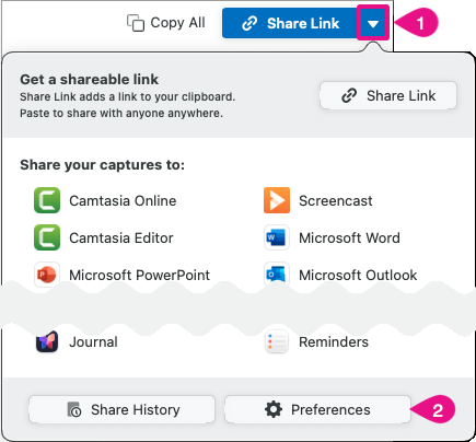 Share Preferences in the Share Link dropdown on Mac