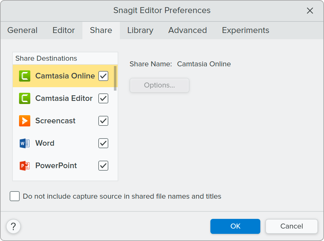 Share Preferences dialog on Snagit for Windows