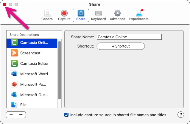 Click red dot to close the dialog